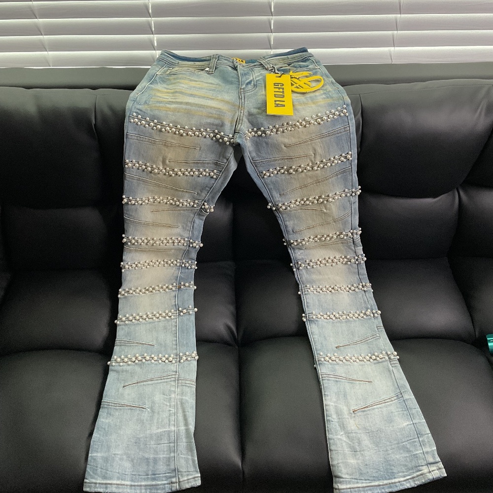 NWT GFTD LA Stacked Pearl Embellished Jeans Light Wash Mens Size 29